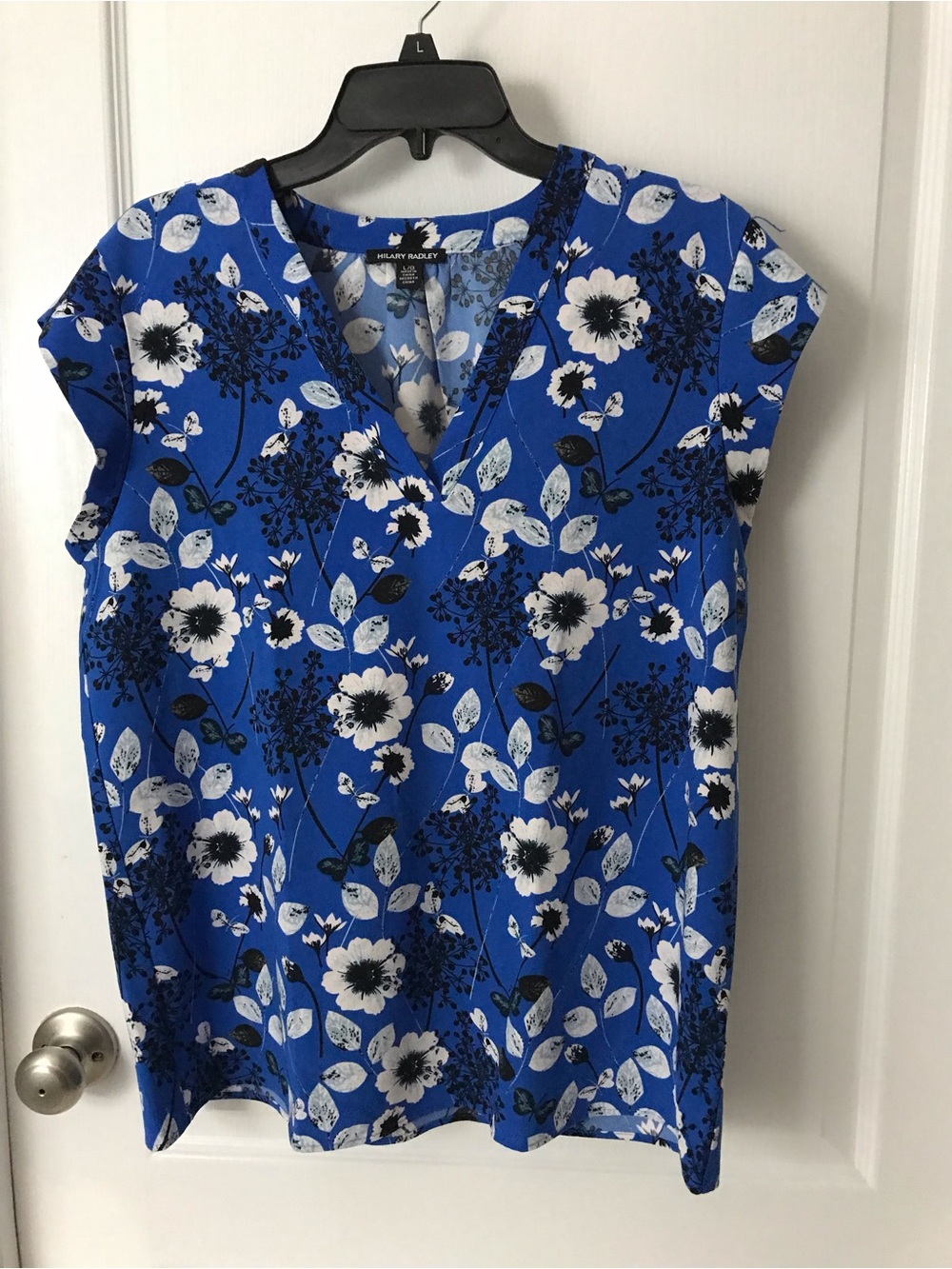 Hilary Radley Royal Blue Floral V-Neck Blouse